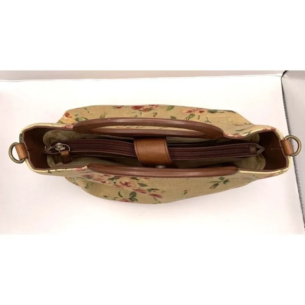 Fossil‎ Floral Canvas Top Handle Satchel Bag w/ Leather Trim & Strap